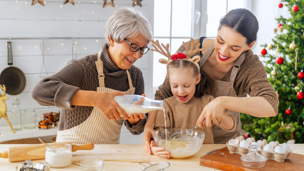 family baking in the kitchen during the holidays