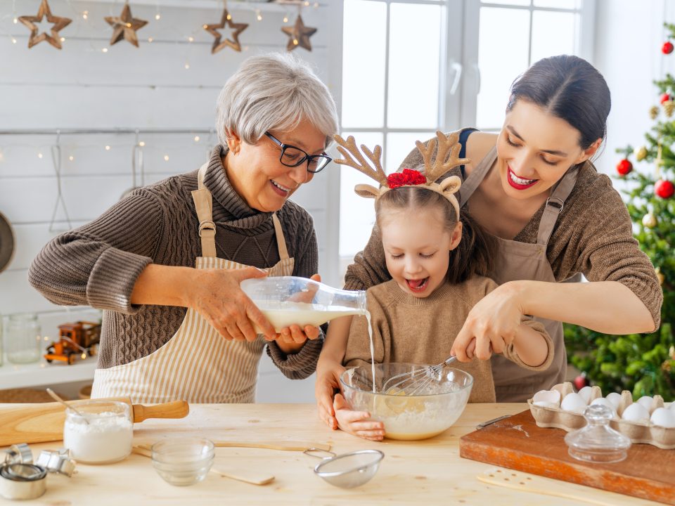family baking in the kitchen during the holidays